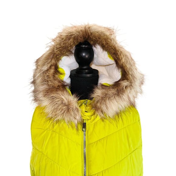 Green Tea Womens Avocado YelloPuffer Vest With Faux Fur Hood & Zip Pockets Size - Picture 6 of 12